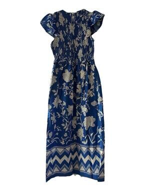 SJB Maxi Dress  Flutter Sleeve Cotton Floral Blue  Vacation Summer Smocked NWT
